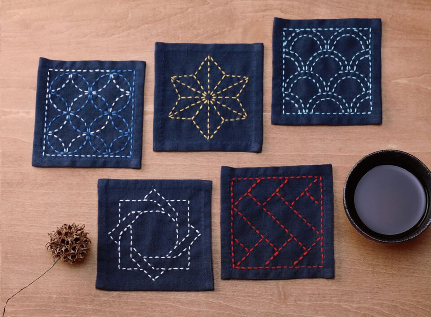 Sashiko Tsumugi Sampler Coasters Navy Blue TC 2