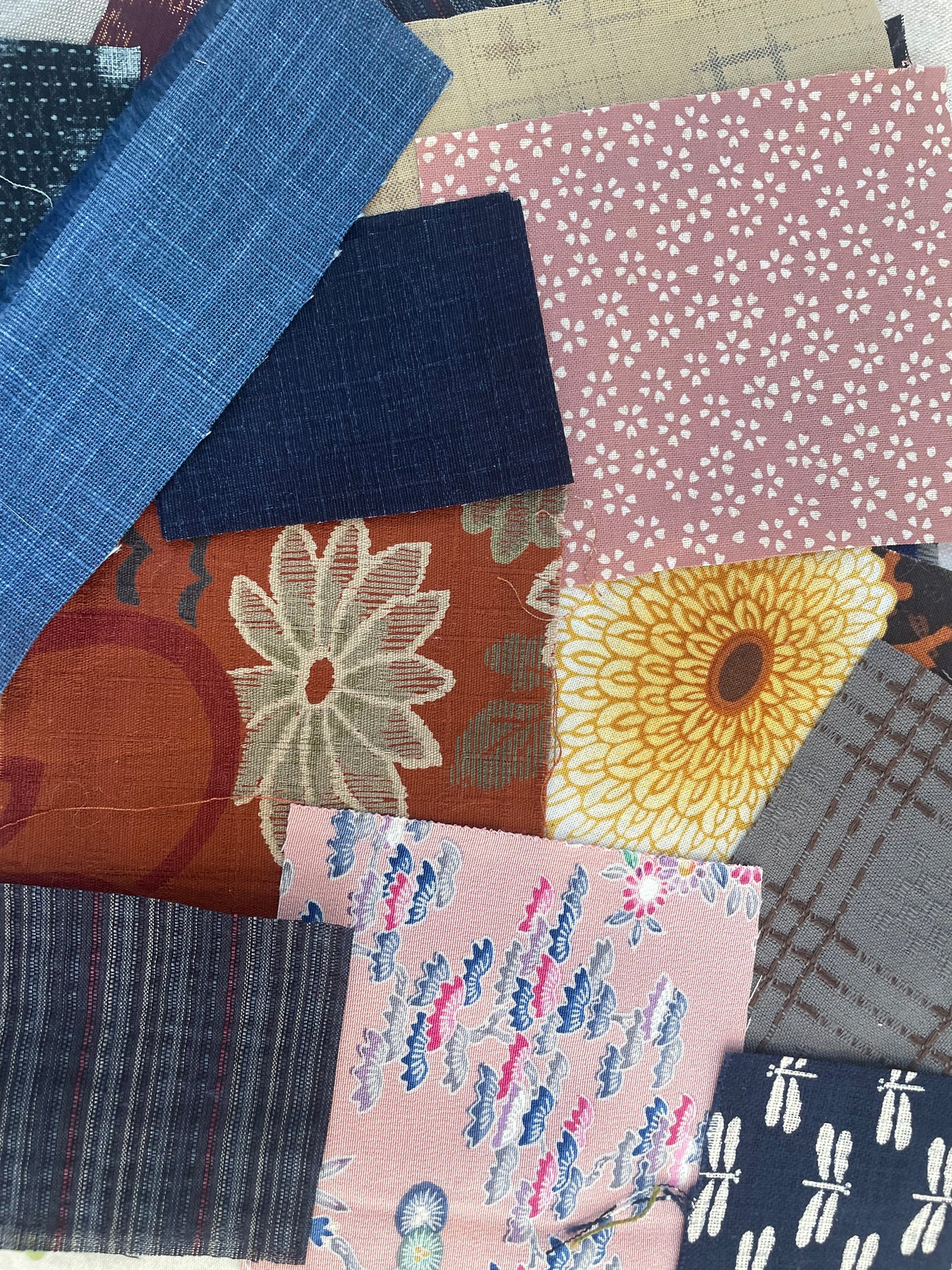 Slow Stitch / Boro Kit of Vintage & New Fabrics with Back