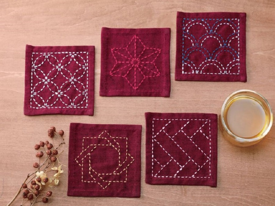 Sashiko Tsumugi Sampler Coasters Deep Red # SC-TC3